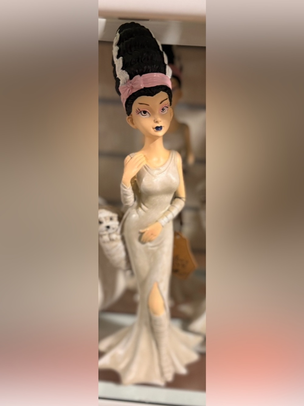 Elegant bride of Frankenstein Figurine in Cream and Black with Pink Headband